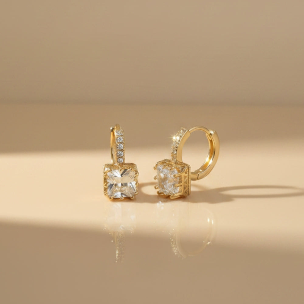 Crystal Huggie Earrings | Princess-Cut Square Stone | Gold