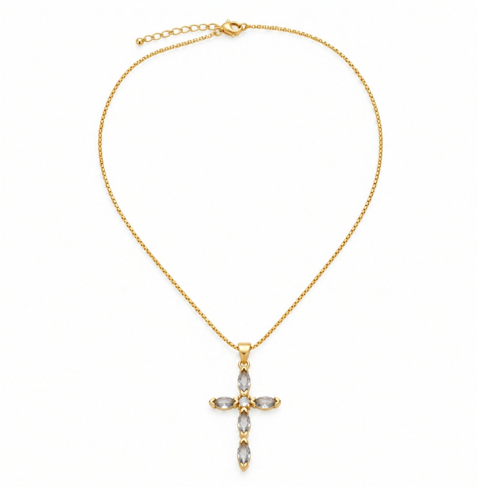 Grey Crystal Cross Necklace, 18K Gold Plated