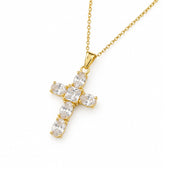 Gold plated cz cross pendant necklace, with clear oval stones and a square centre stone 