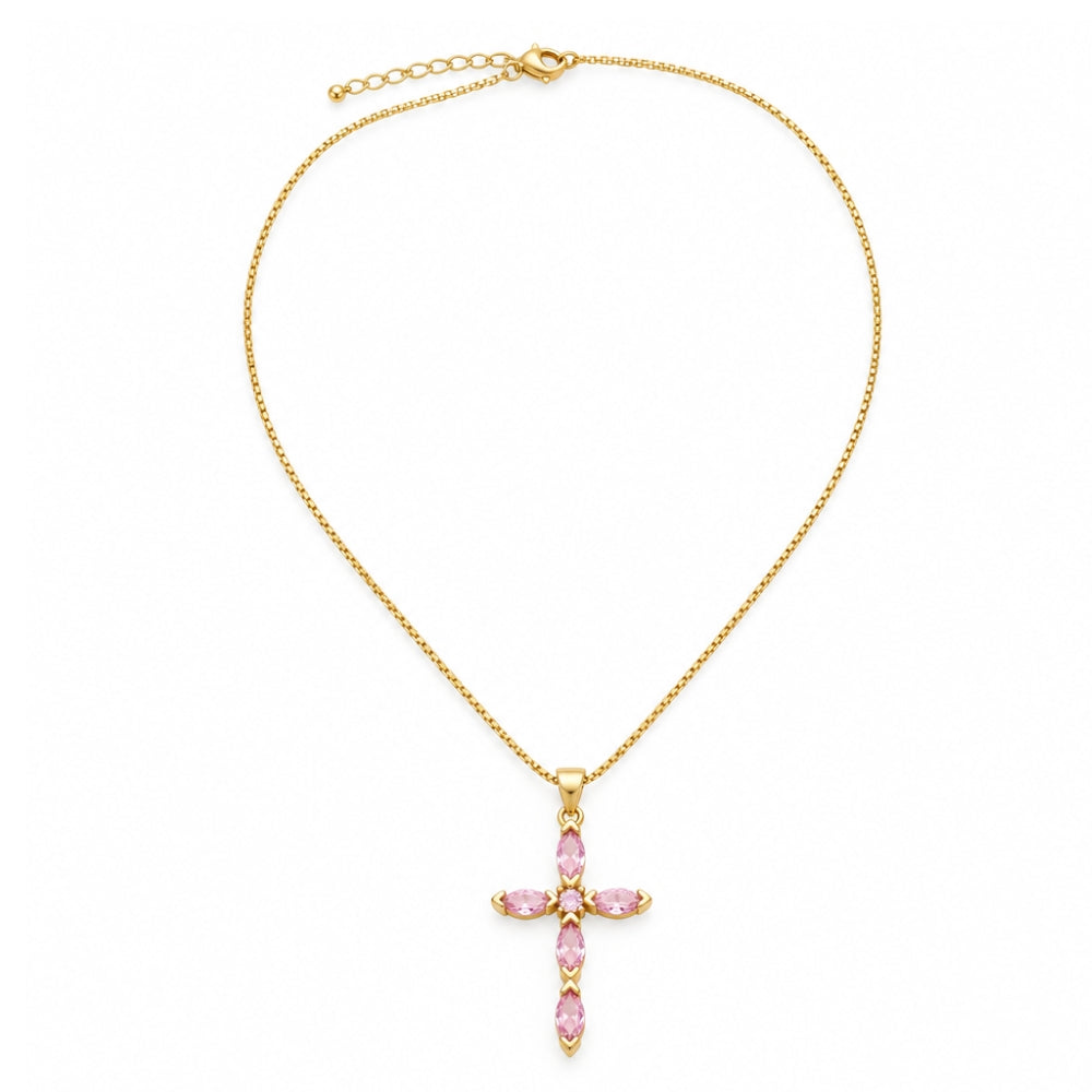 Pink Crystal Cross Necklace, 18K Gold Plated