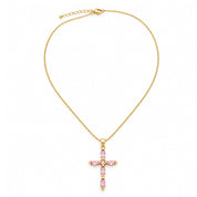 Pink Crystal Cross Necklace, 18K Gold Plated