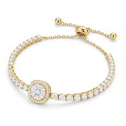 A yellow gold bracelet featuring a central round diamond surrounded by a halo, with a curved row of small pavé-set diamonds along the band and an adjustable chain closure with ball end beads, shown on a white background.