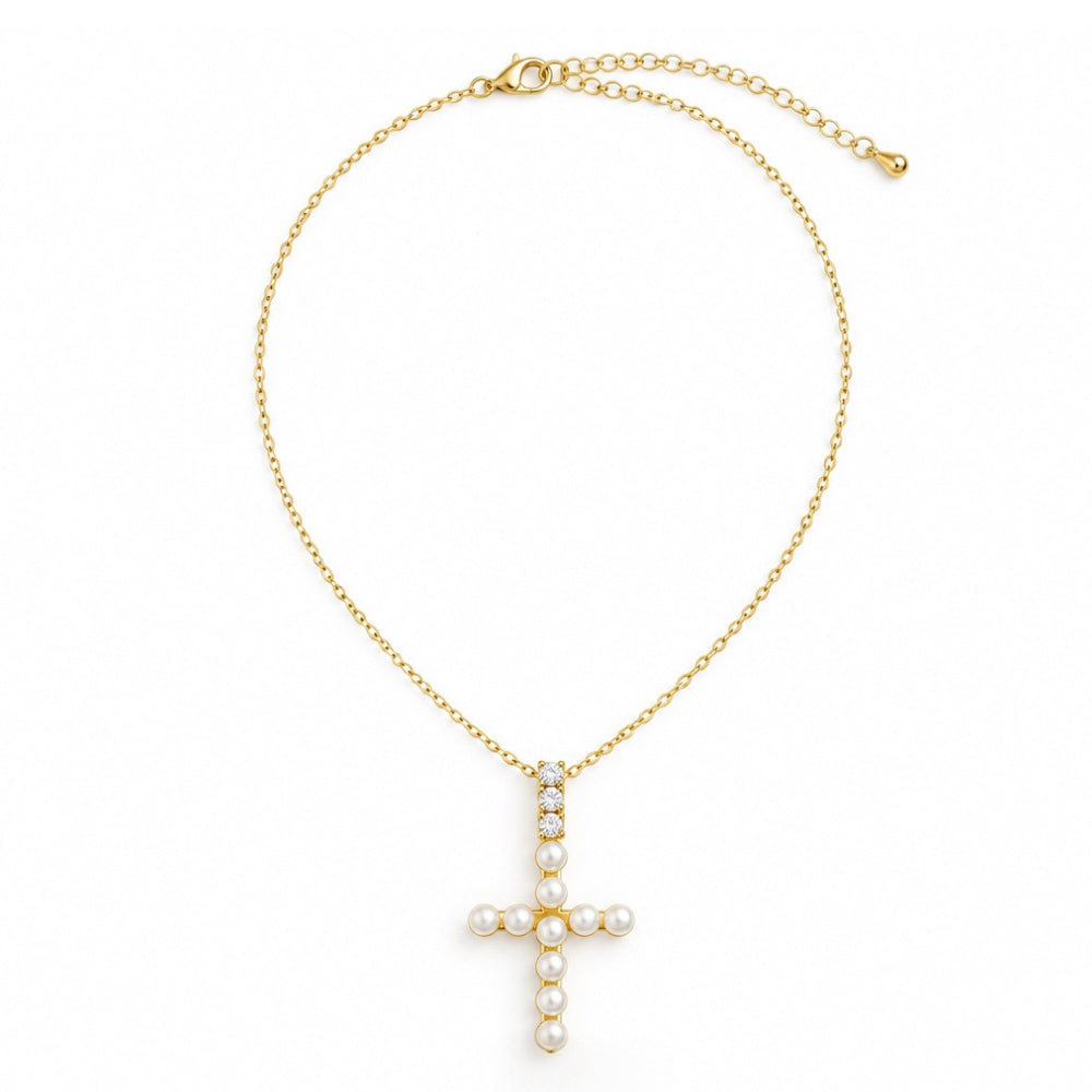 Gold-Plated Pearl and CZ Cross Pendant Necklace