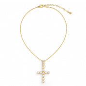 Gold-Plated Pearl and CZ Cross Pendant Necklace