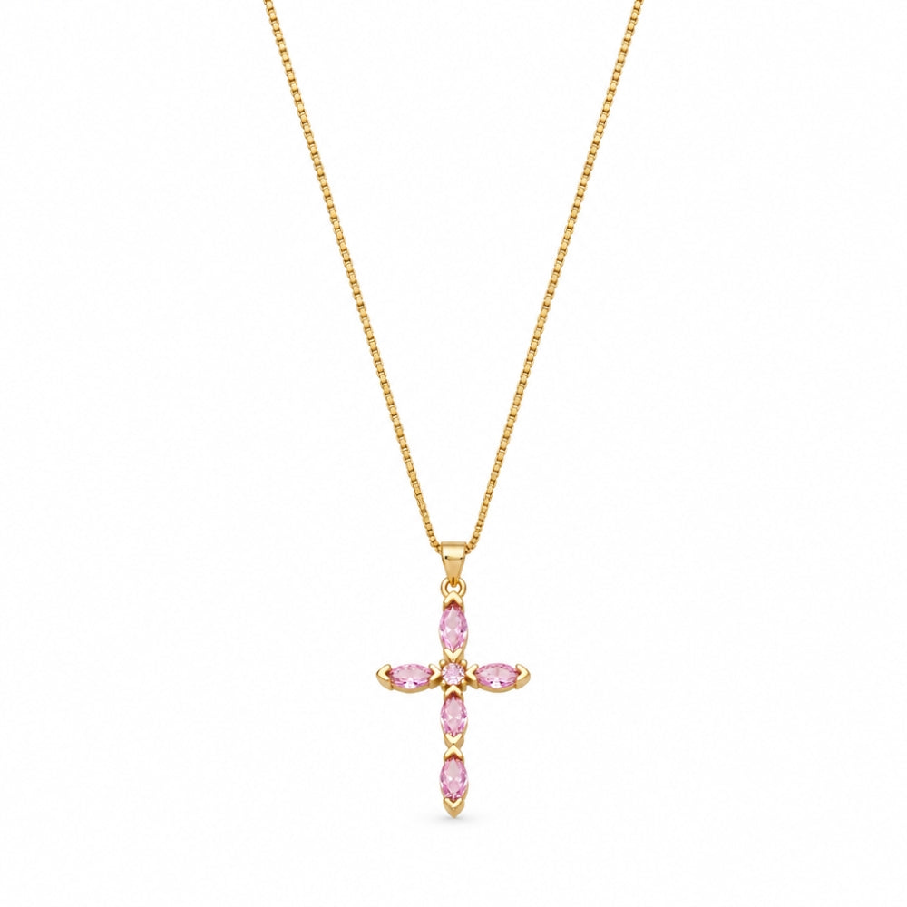 Pink Crystal Cross Necklace, 18K Gold Plated