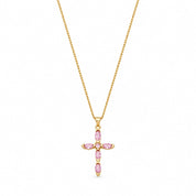 Pink Crystal Cross Necklace, 18K Gold Plated