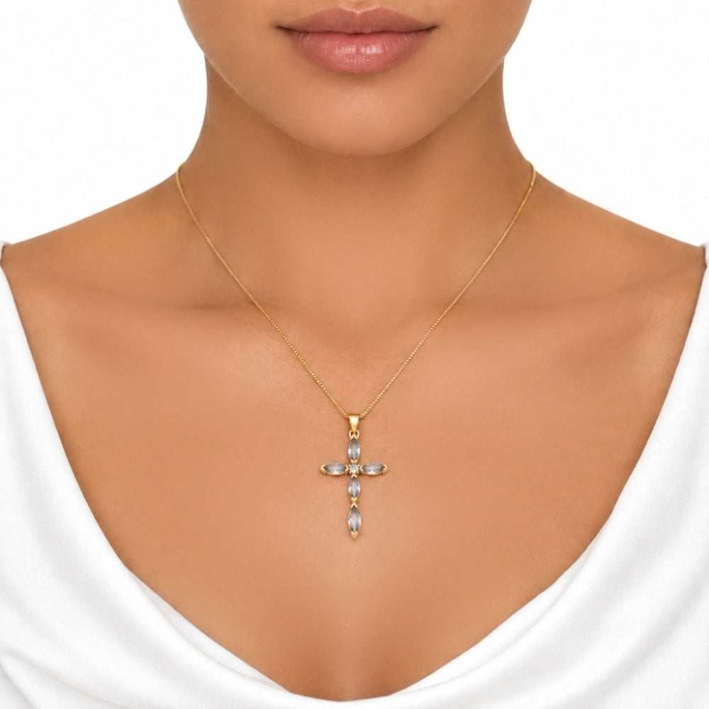 Grey Crystal Cross Necklace, 18K Gold Plated