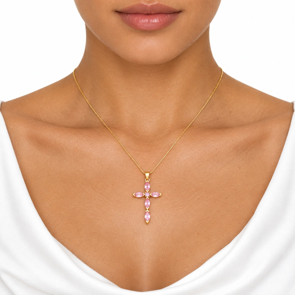 Pink Crystal Cross Necklace, 18K Gold Plated