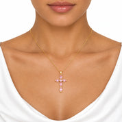 Pink Crystal Cross Necklace, 18K Gold Plated