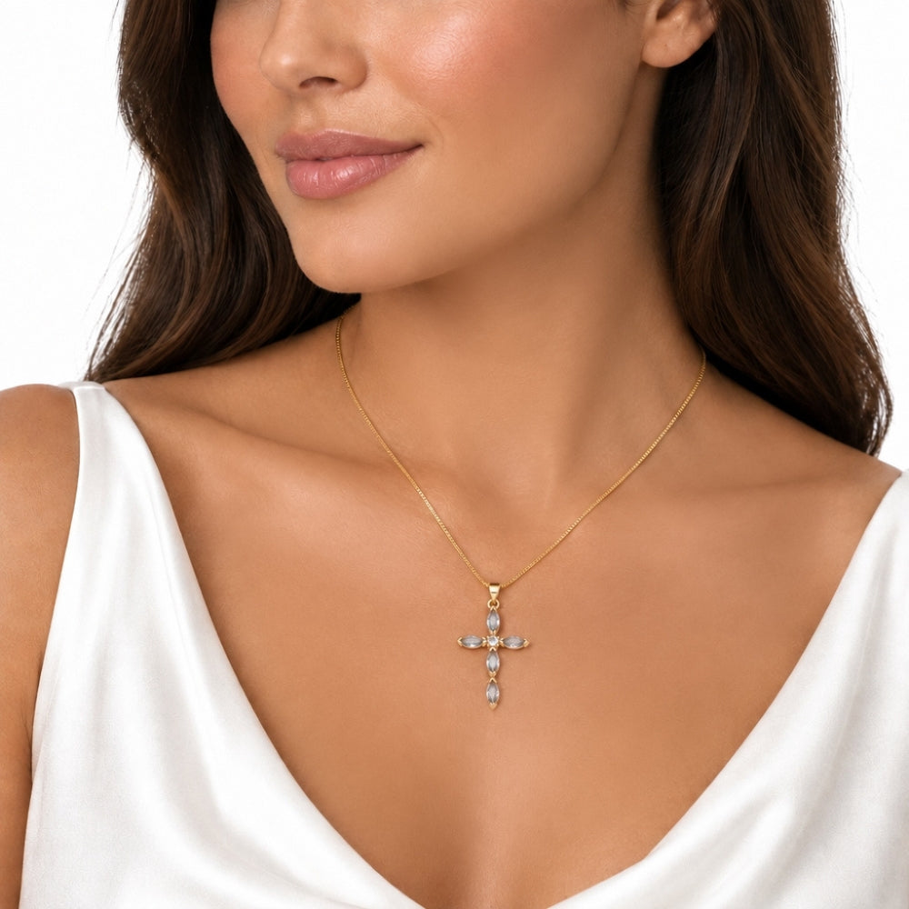 Grey Crystal Cross Necklace, 18K Gold Plated