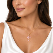 Pink Crystal Cross Necklace, 18K Gold Plated