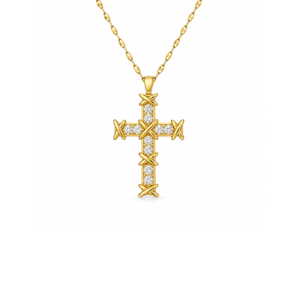 A gold cross pendant necklace with small clear stones, shown on a white background.