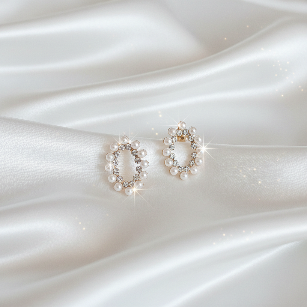 Diamanté Pearl Stud Earrings - White Satin with Shimmer