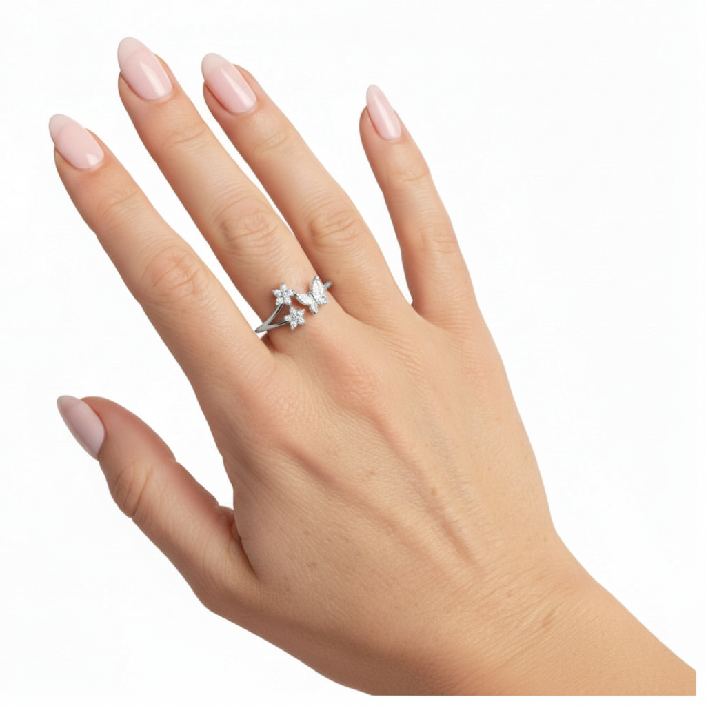 Crystal Flower & Butterfly Open Ring | Silver