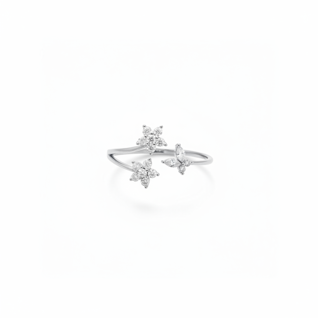 Silver ring with Crystal flower and butterfly motifs