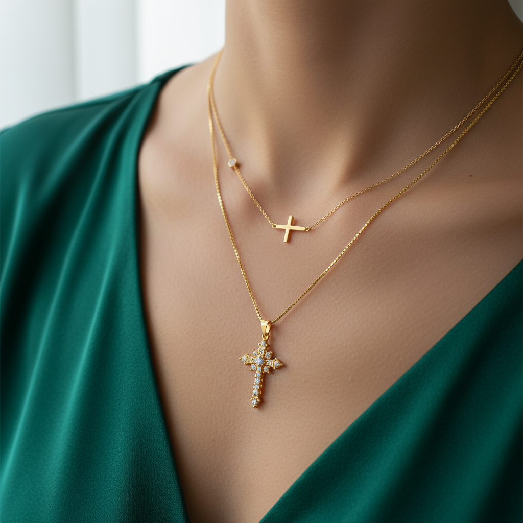 Layered Gold and Dainty Cross
