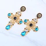 Cross Earrings with Blue Jewels